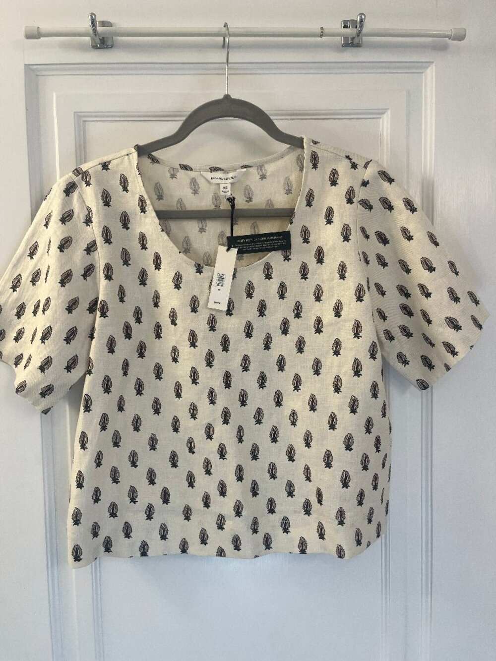 Banana Republic Linen Cream Block Print Top XS